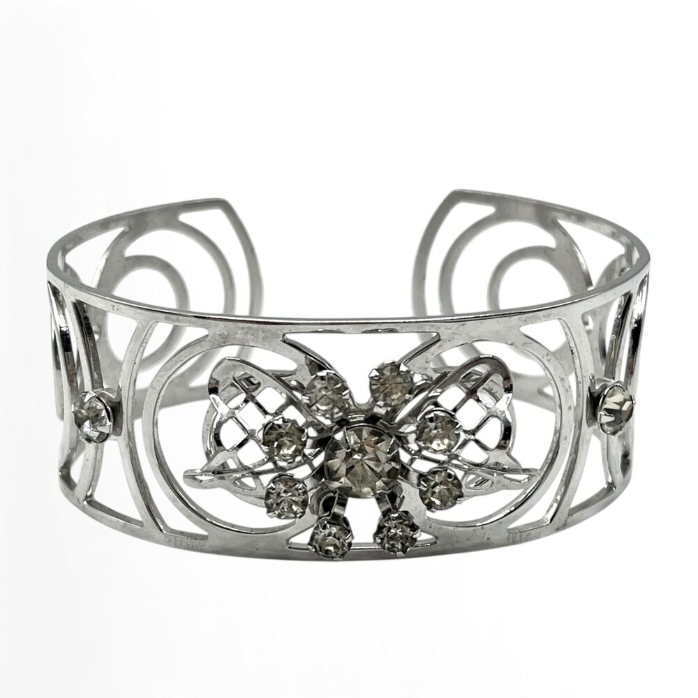 Vintage Cuff Bracelet Rhinestone Flower Bow Silver Tone Open Geometric 1" Wide